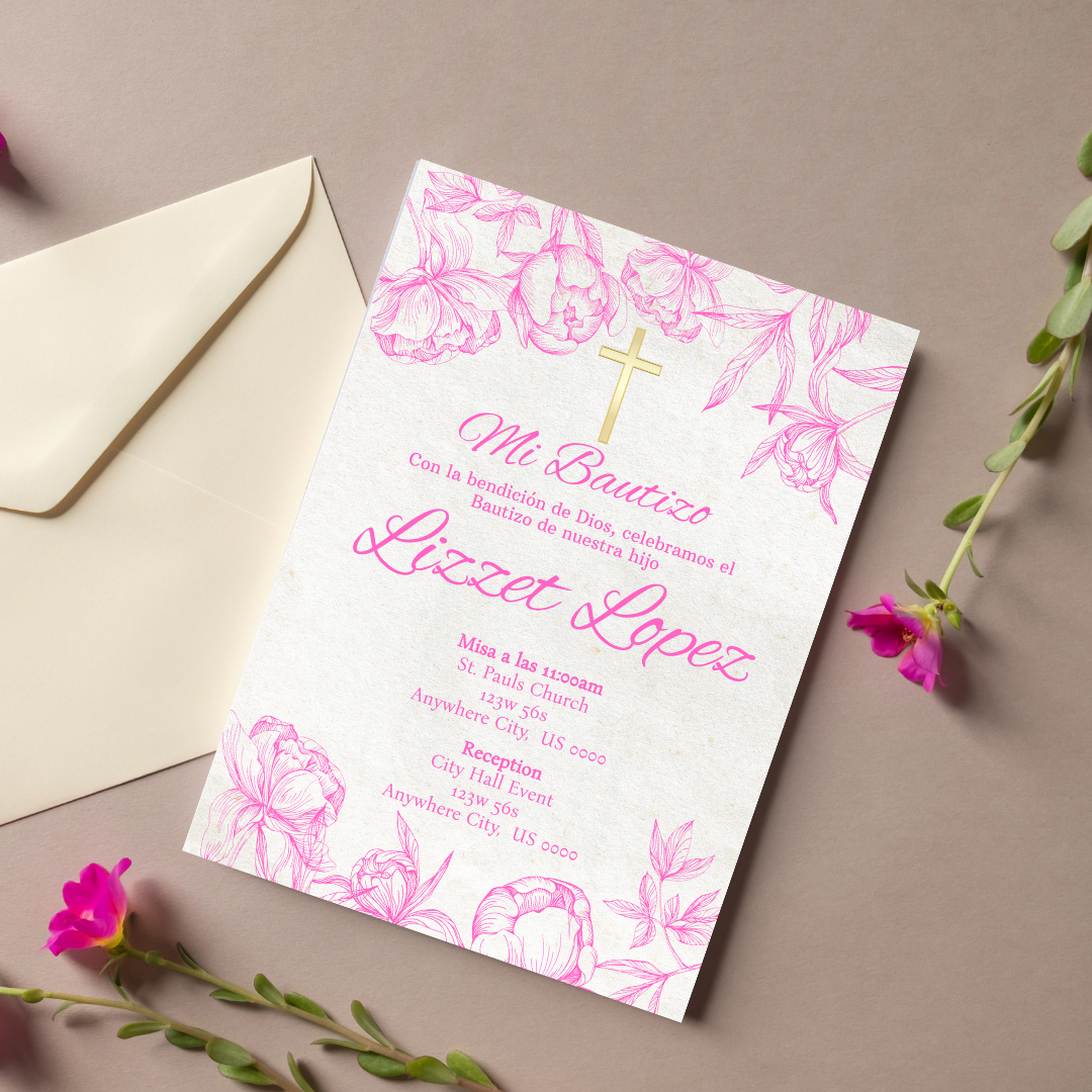 Pink Bautizo Cardstock Invite