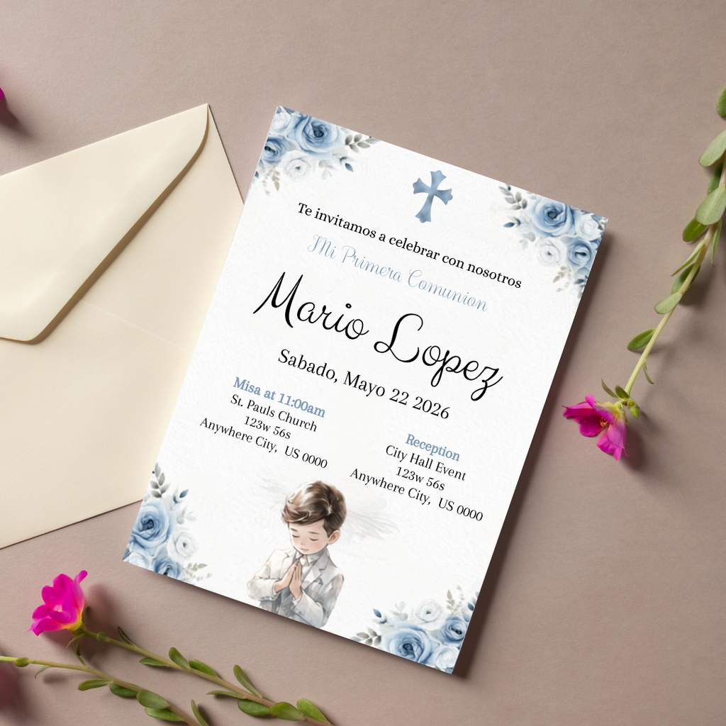 Editable First Communion Invitation for Boy | Spanish Blue Primera Comunión Invite