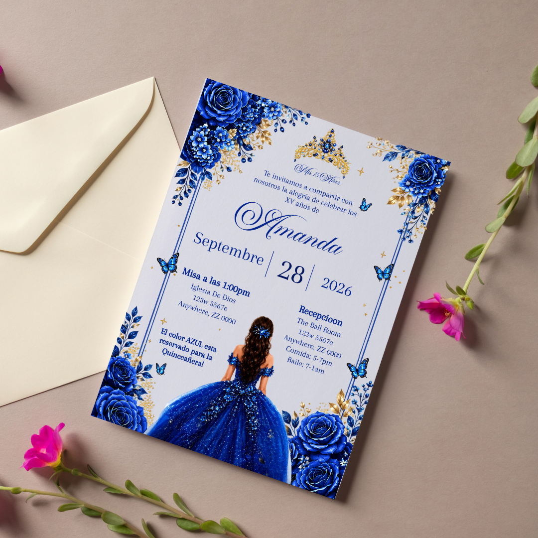 Editable Royal Blue Quinceañera Invitation | Spanish Digital XV Invite