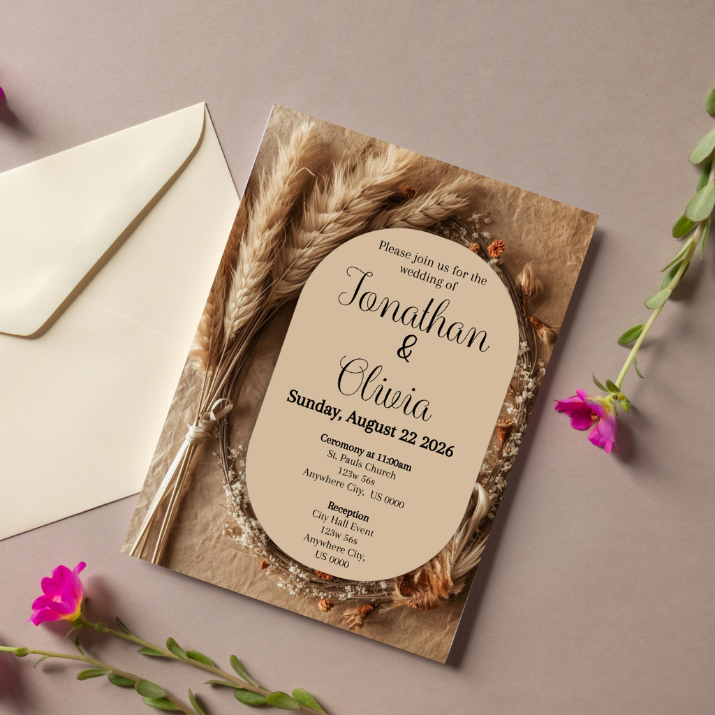 Editable Boho Wedding Invitation | Pampas Grass Rustic Neutral Wedding Invite