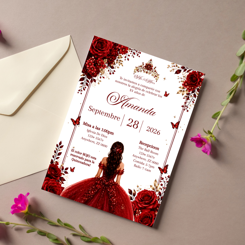 Editable Red Quinceañera Invitation | Spanish Digital XV Invite