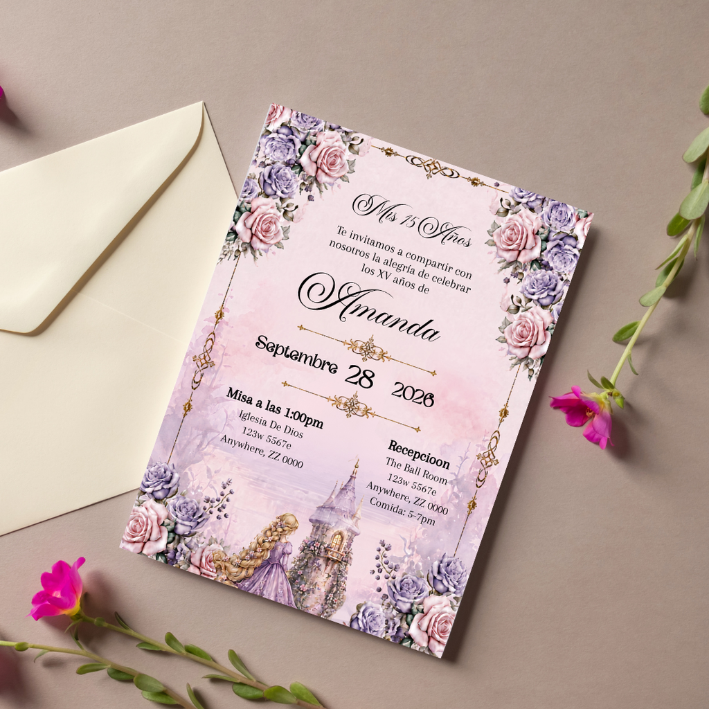 Editable Rapunzel Quinceañera Invitation | Spanish Fairytale XV Invite