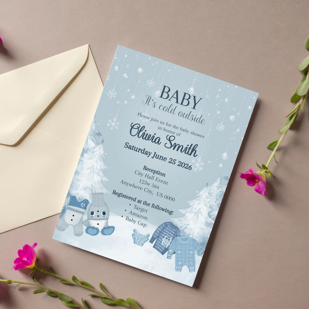 Editable Winter Wonderland Baby Shower Invitation | Baby It’s Cold Outside Boy Invite