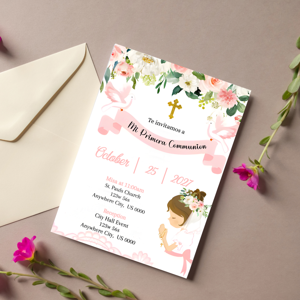 Editable First Communion Invitation for Girl | Spanish Primera Comunión Digital Invite