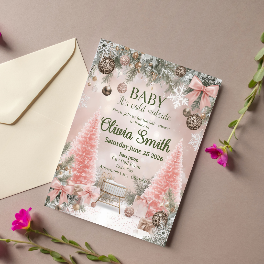 Pink Baby ITS COLD OUSIDE Cardstock Invite