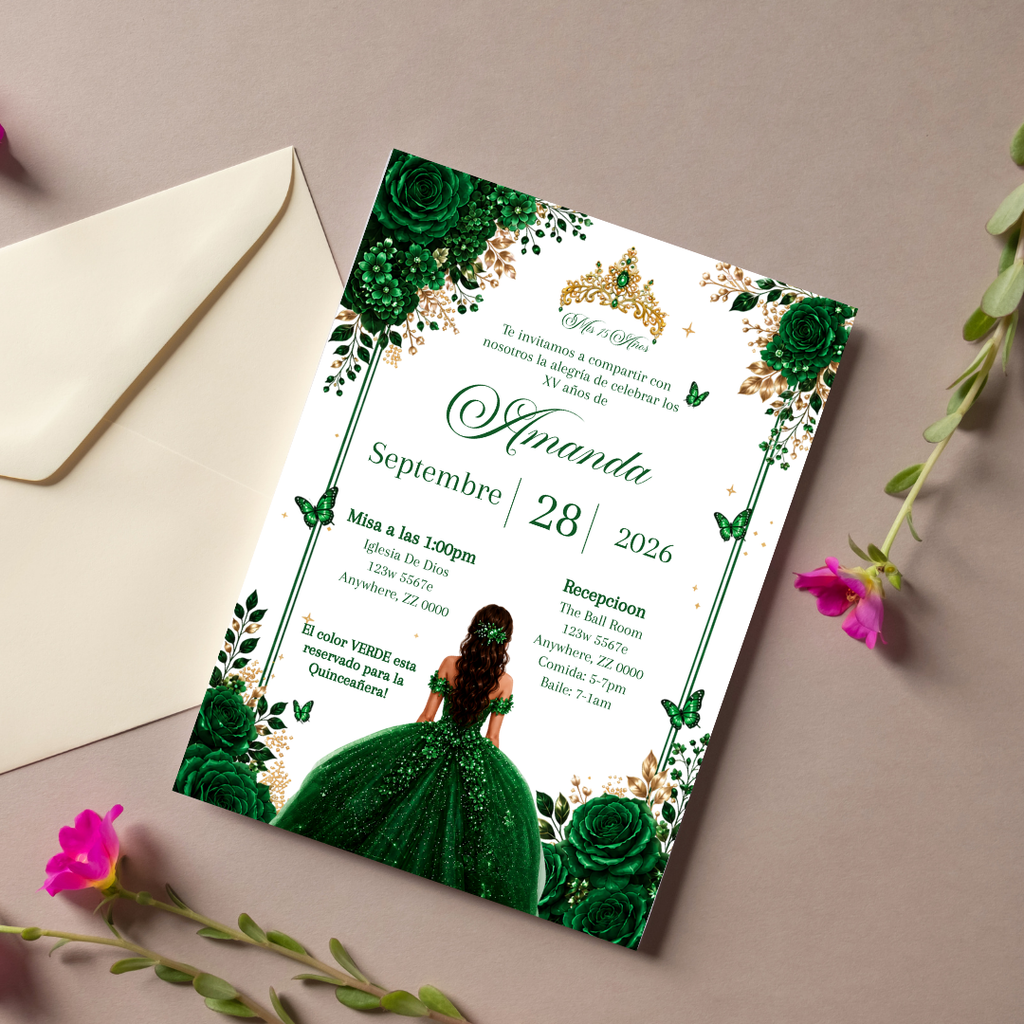 Editable Emerald Green Quinceañera Invitation | Spanish Digital XV Invite