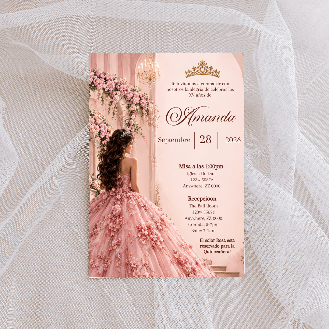 Editable Pink Quinceañera Invitation | Spanish Digital XV Invite